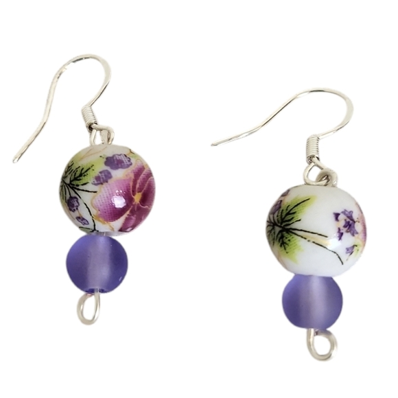 Vintage Inspired Peony Floral Ceramic Purple Frosted Glass Earrings - Picture 3 of 3